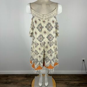 💕 Patrons of Peace Boho Crochet Trim Cold Shoulder Dress - Cream Orange S